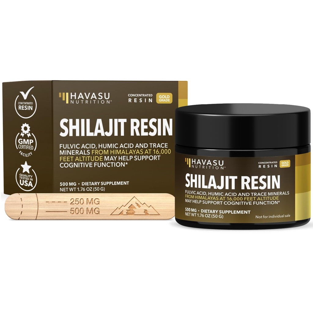 Himalayan Shilajit Resin with Fulvic Acid, Humic Acid & 80+ Trace Minerals - 500mg Gold Grade Shilajit for Men & Women from 16,000 ft Altitude - 100 Servings - Concentrated Resin & Wooden Spoon