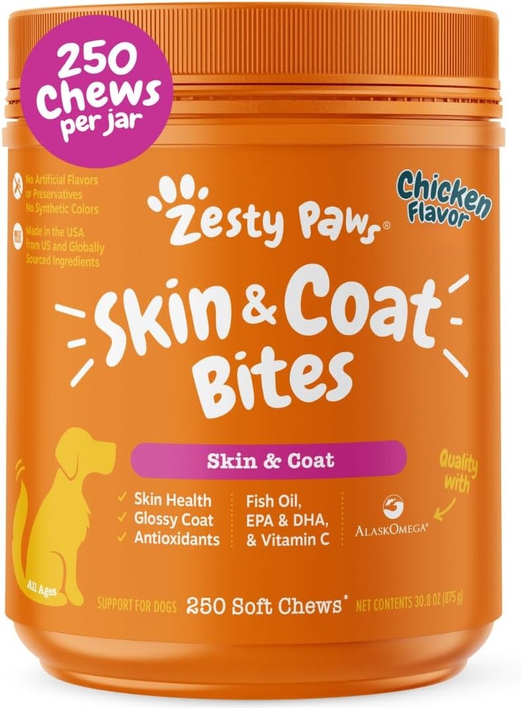 Zesty Paws Omega 3 Fish Oil for Dogs - Zesty Paw Dog Vitamins and Supplements for Hip, Joint & Skin, Chicken (250 Chews)