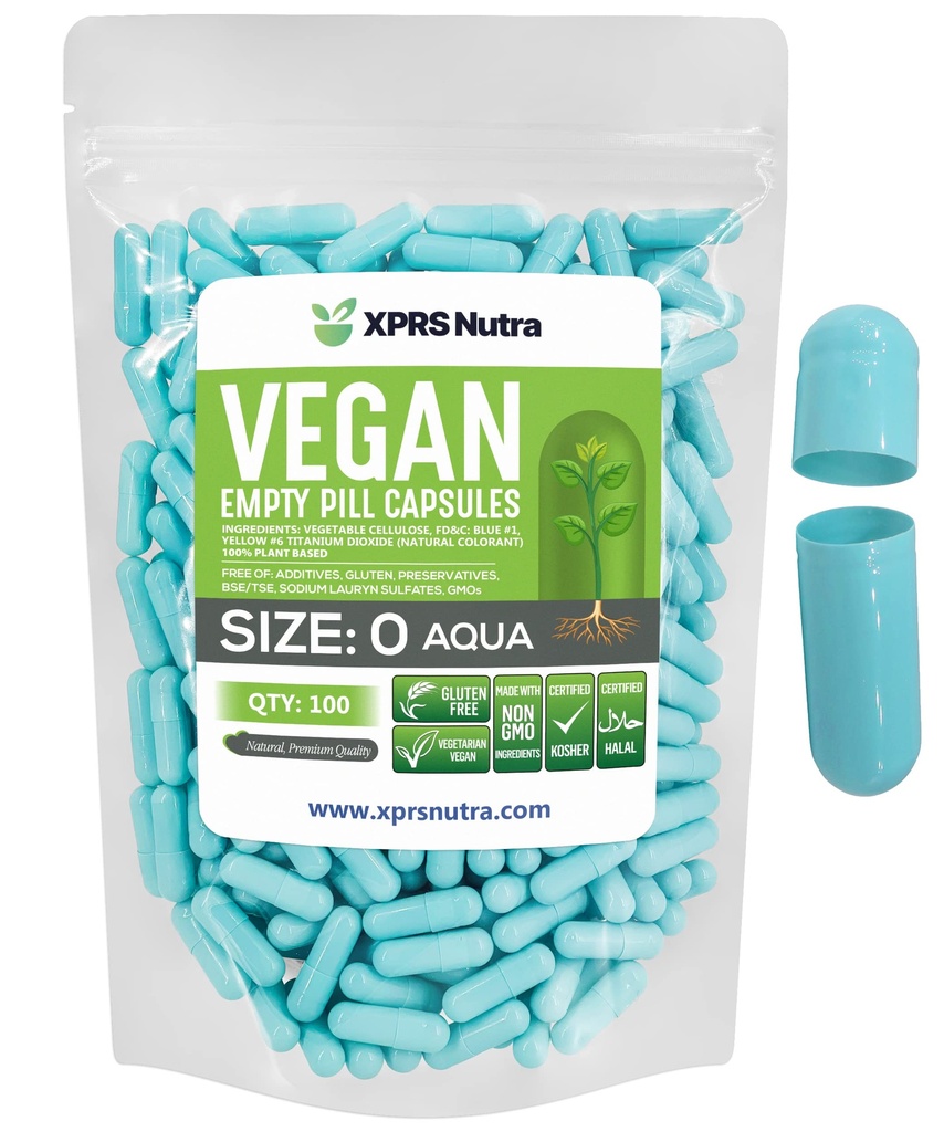XPRS Nutra Size 0 Empty Capsules - 100 Count Empty Vegan Capsules - Vegetarian Pills - DIY Vegetable Capsule Filling - Veggie Pill Caps for Do-It-Yourself Supplements (Aqua)