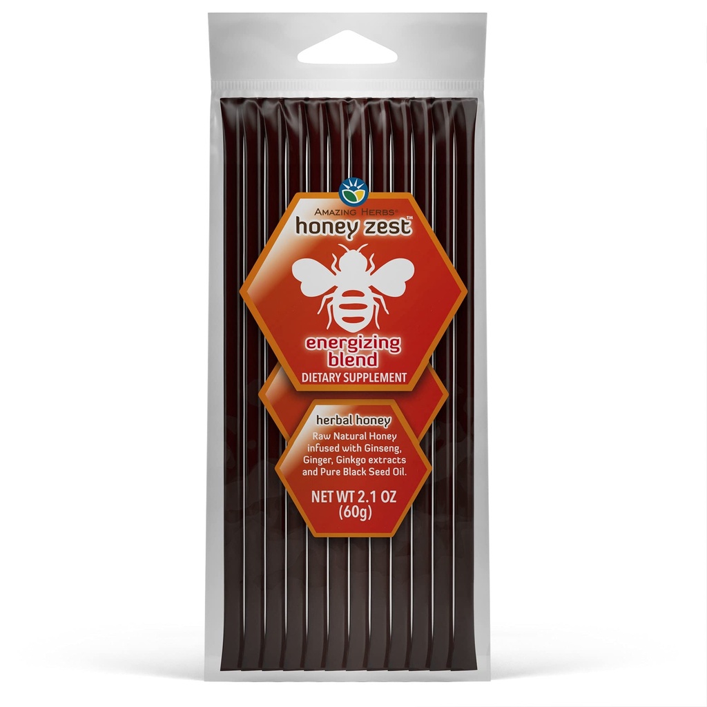 Amazing Herbs Raw Natural Honey - Herbal Honey Infused with Ginseng, Ginger, Ginkgo Extracts & Pure Black Seed Oil, Non GMO, Gluten Free Immune Booster - Honeyzest Energizing Straws, 12 Count
