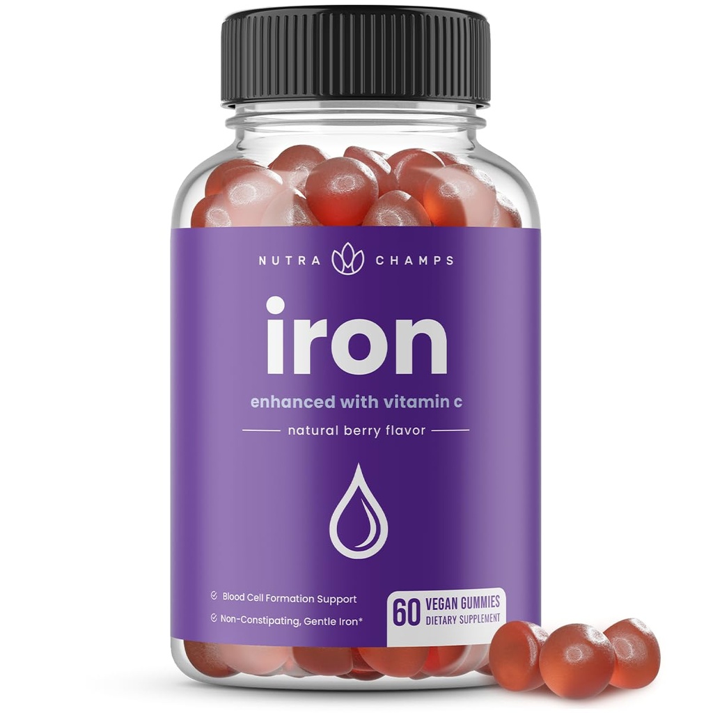 NutraChamps Iron Gummies with Vitamin C - 20mg, Blood Cell Formation Support, 60 Vegan Gummies for Iron Deficiency & Anemia, Energy, Focus, Immune Boost