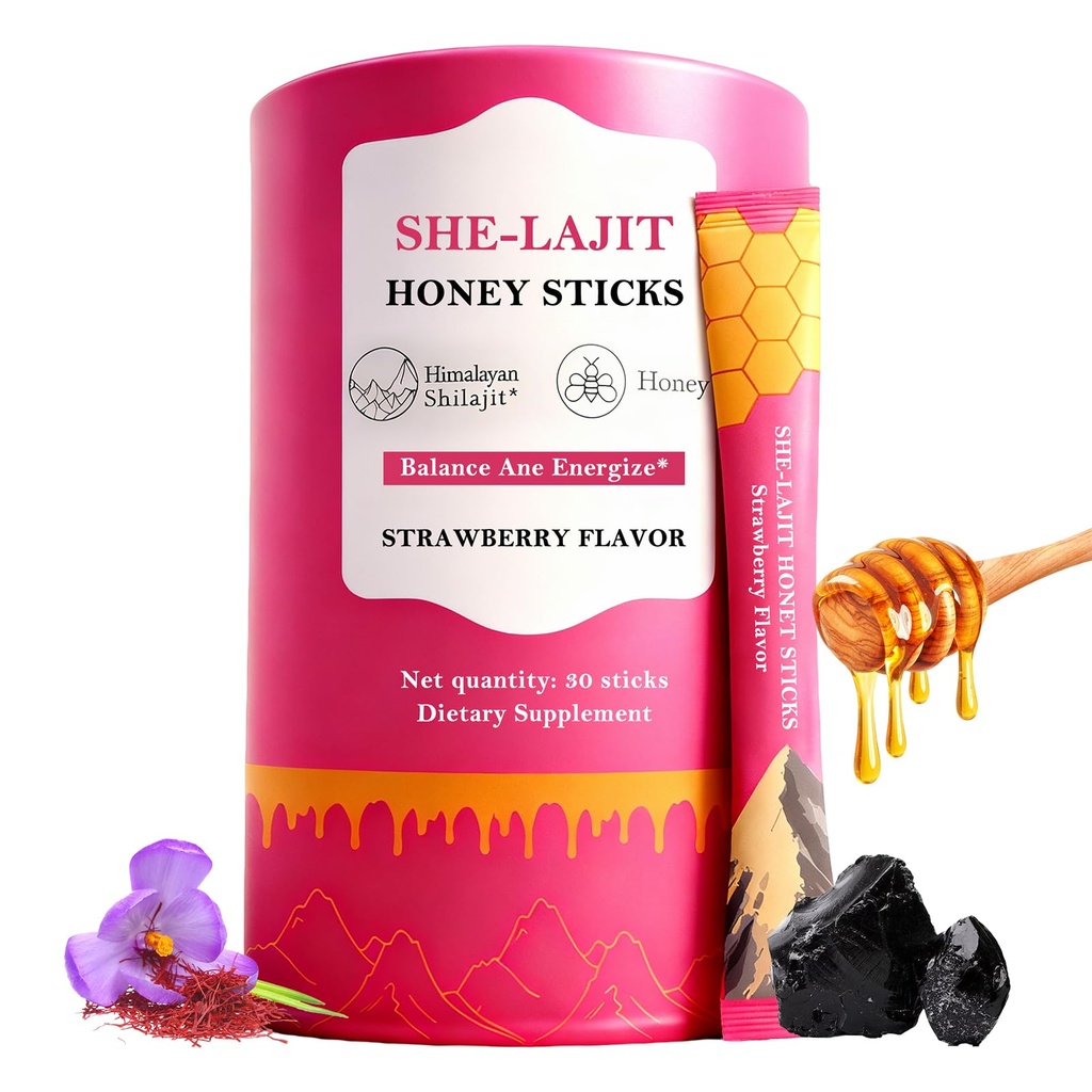 Honey Sticks Shilajit for Women with Shatavari & Saffron, Strawberry Flavor Honeysticks, for Hormonal Balance, Energy, Focus & Stamina, Tasty Honey Sticks Shilajit, 30 Sticks