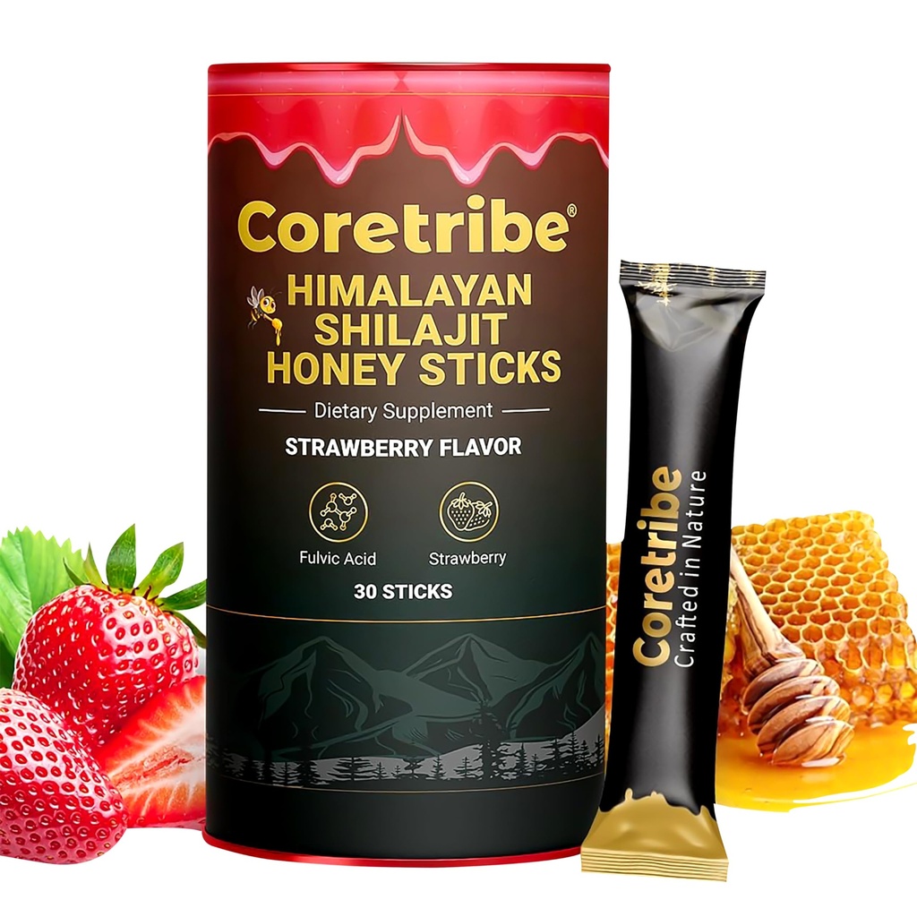 Coretribe® Shilajit Honey Sticks with Dark Chocolate | 75%+ Fulvic Acid, 85+ Trace Minerals | Natural Energy & Immunity Support | 30 Sticks of Honey Infused with Strawberry Flavour