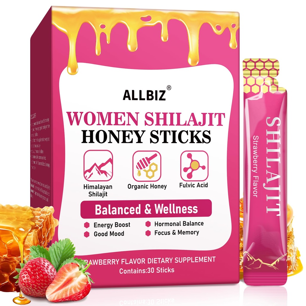 ALLBIZ Shilajit Honey Sticks for Women, Strawberry Honey(30 Sticks)