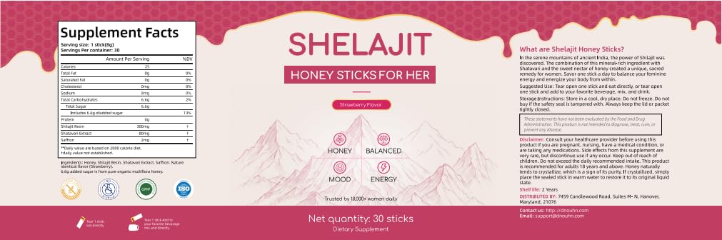 Shilajit Honey Sticks for Women with Shatavari & Saffron | 75%+ Fulvic Acid & 85+ Trace Minerals for Hormonal Balance, Energy, Focus & Stamina | Strawberry Flavor, 30 Count
