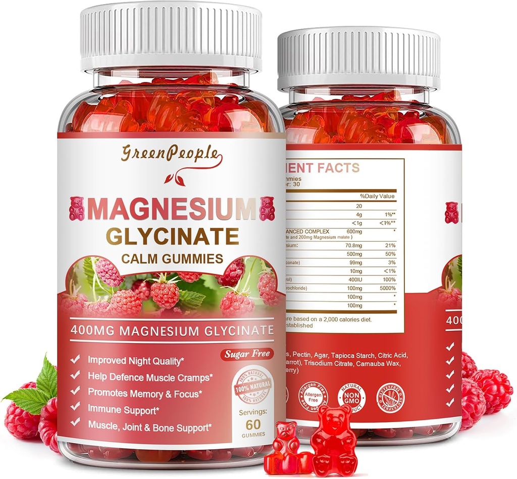GreenPEOPLE magnesio Glycinate Gummies 400mg - Suplemento de potasio de magnesio gratuíto con Malato de magnesio, vitamina D, B6 e CoQ10 para o apoio e sono de calorías para adultos - Raspberry Gummies
