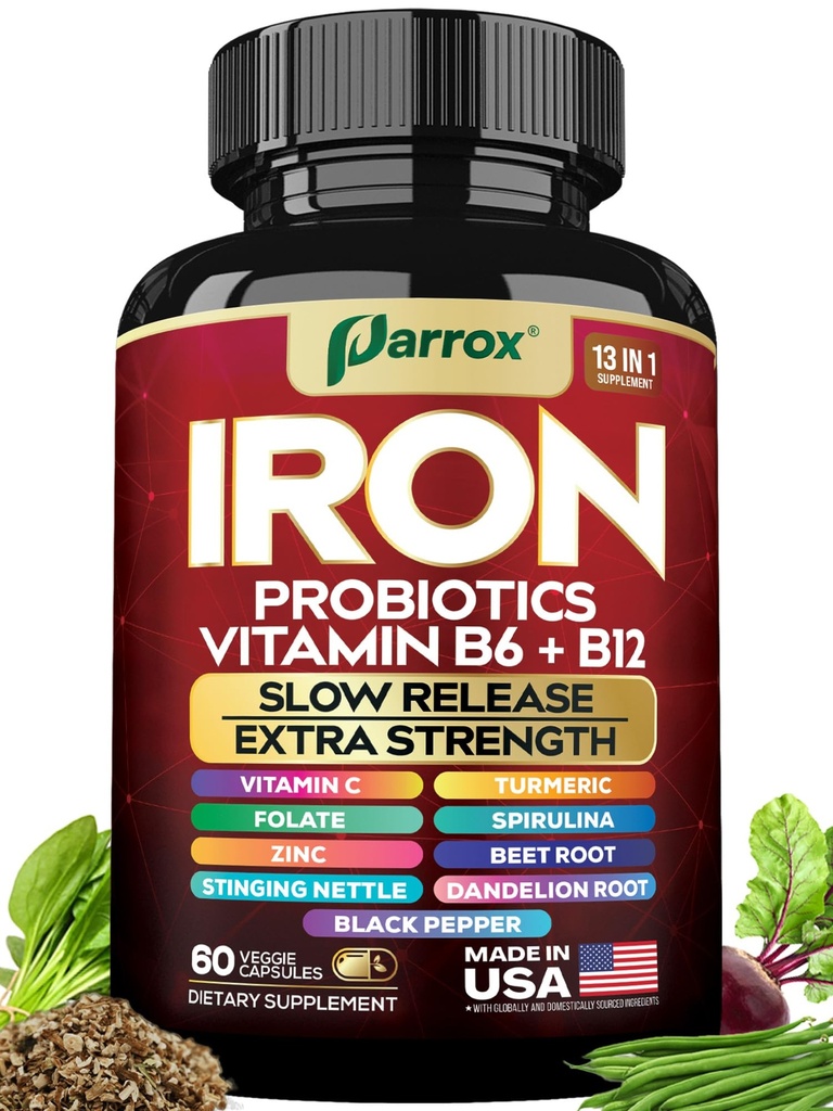 Iron Supplement, Slow Release with Probiotics, Spirulina, 60 Vegan Caps | With Probiotics, Spirulina, Turmeric, Vitamins B6, B12, C, Zinc, Folate, Beetroot, Nettle, Dandelion Root