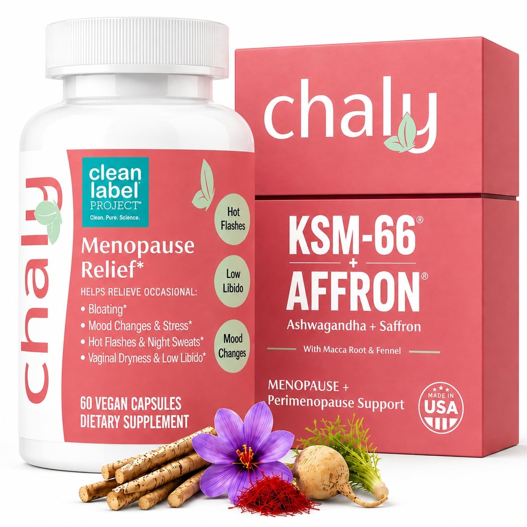 Chaly Perimenopause & Menopause Supplement for Women – Non-Hormonal Hormone Balance for Hot Flashes, Mood & Libido – KSM-66 Ashwagandha, Affron Saffron – Clean Label Project Certified, Vegan, 60 Ct