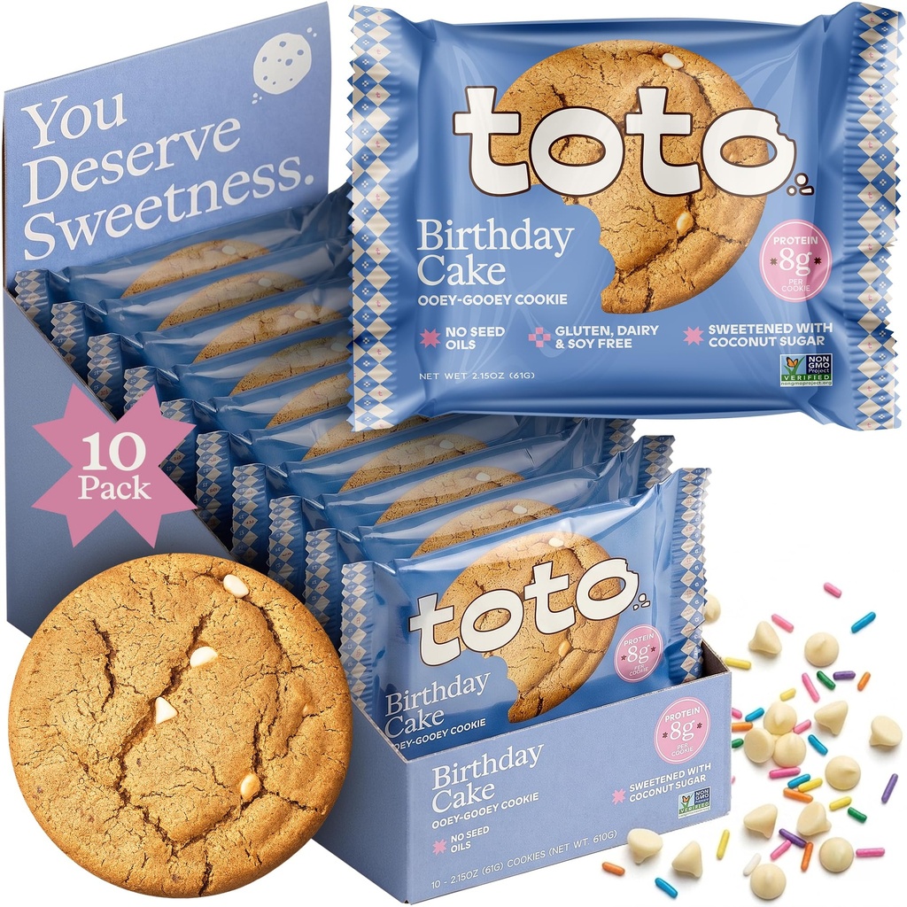 Toto Soft-Baked Protein Cookies, Birthday Cake Cookie, 8g Protein, 10-ct | High-protein, Whole Food Ingredients, No Artificial Sweeteners, Gluten-free, Dairy-free, Soy-free, Individually Wrapped