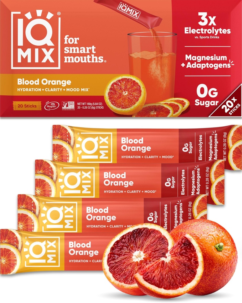 IQMIX Hydration Electrolyte Powder – 4-in-1 Formula for Hydration, Mental Clarity, Mood and Recovery – Sugar-Free Drink Mix, Keto, Magnesium L-Threonate, Lion’s Mane – 20 Count Blood Orange