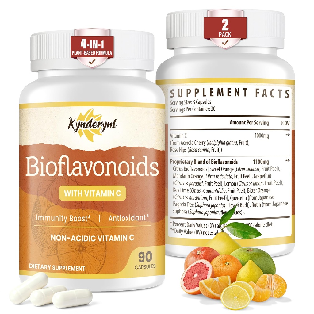 Vitamin C with Bioflavonoids Supplement for Immunity* & Antioxidant & Skin - Blend of VIT C 1000mg and Citrus Bioflavonoids 1100mg, Non-Acidic Acerola Cherry Vitamin C, Vegan, 180 Capsules