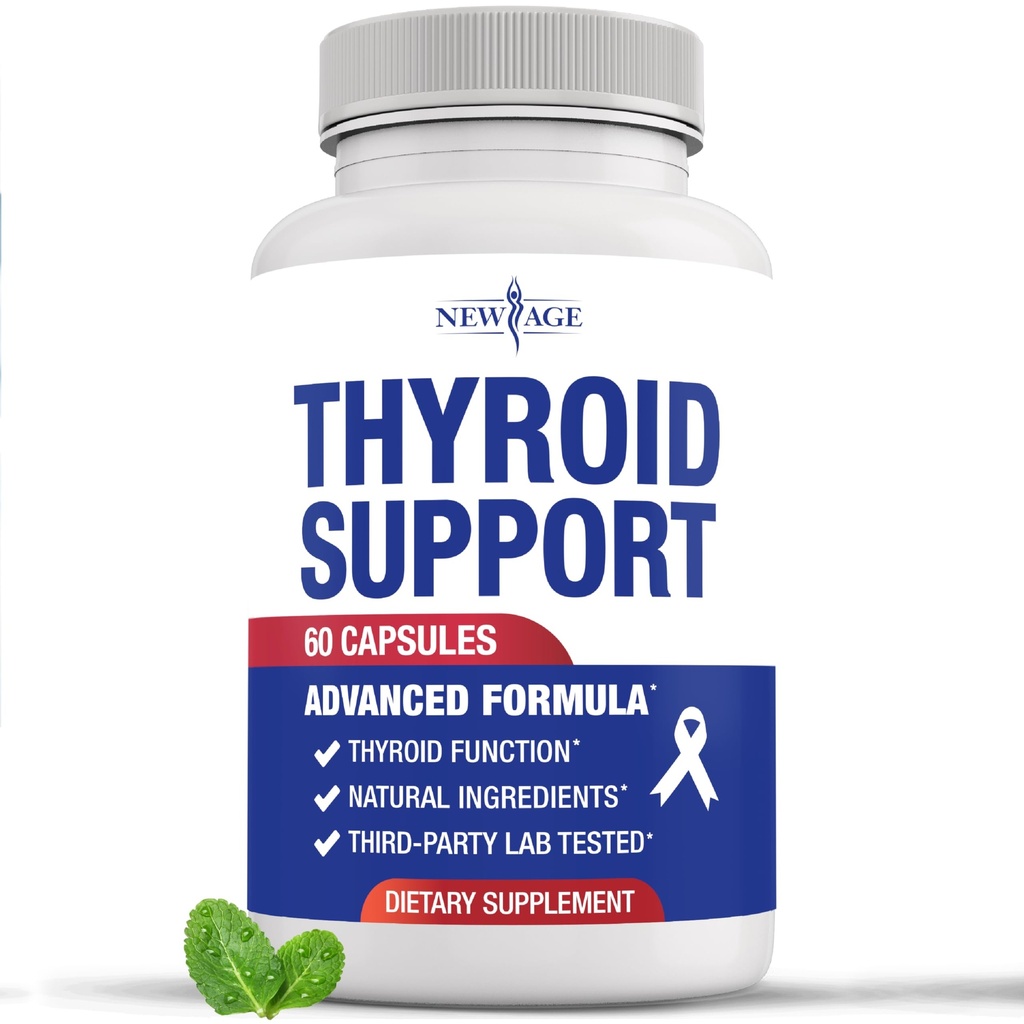 NEW AGE Thyroid Support Supplement for Women & Men with Iodine, B12, Zinc, Selenium, Ashwagandha, Bladderwrack, Turmeric, Schisandra - Non-GMO - 60 Count