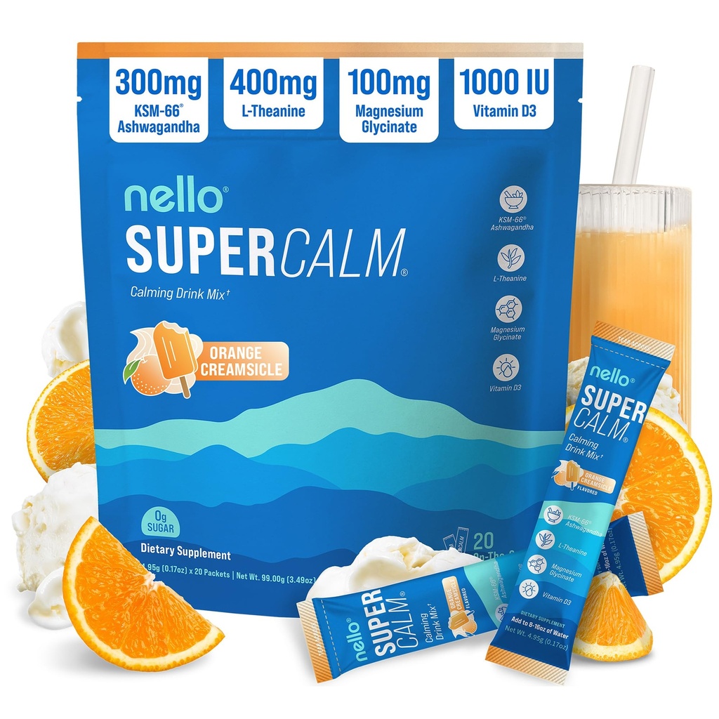 Nello Supercalm Powdered Drink Mix, Cortisol Reducer* and Sleep Aid Supplement, L Theanine, Ksm-66 Ashwagandha, Magnesium Glycinate, Vitamin D 3, No Sugar, Non GMO, On The Go, 20 Ct, Orange Creamsicle