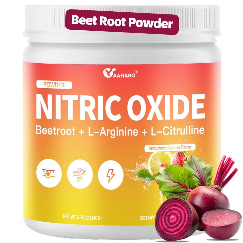 Nitric Oxide Supplement - 180g Nitric Oxide Powder with Beetroot Powder, L-Arginine & L-Citrulline - Energy Support for Women & Men - Strawberry Lemon Flavor - 25 Days Supply
