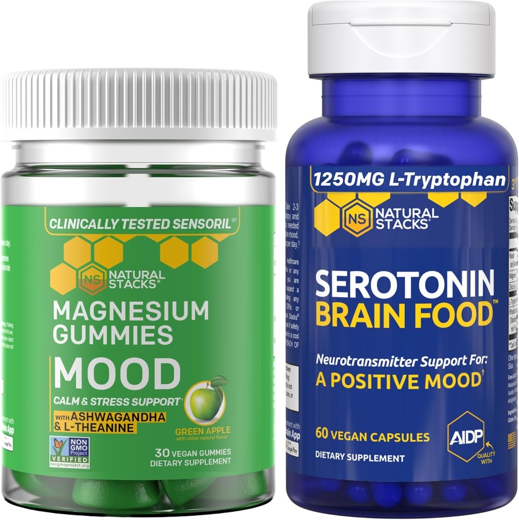 NATURAL STACKS Mood Magnesium Citrate Gummies + Serotonin Brain Food Bundle - Positive Mood & Stress Support - 90 штук