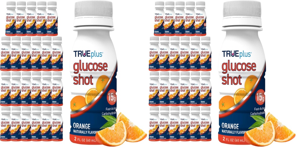 TRUEplus Glucose Shot, Orange, 15g Fast-Acting Carbohydrates, Fat Free, Gluten Free, Raise Low Blood Sugar and Boost Energy, 48 Pack