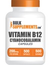 BulkSupplements.com Vitamin B12 Capsules - as Cyanocobalamin, Vitamin B Supplement, Vitamin B12 200 mcg - Energy Vitamins, Gluten Free, 1 Capsule per Serving, 500 Capsules (Pack of 1)