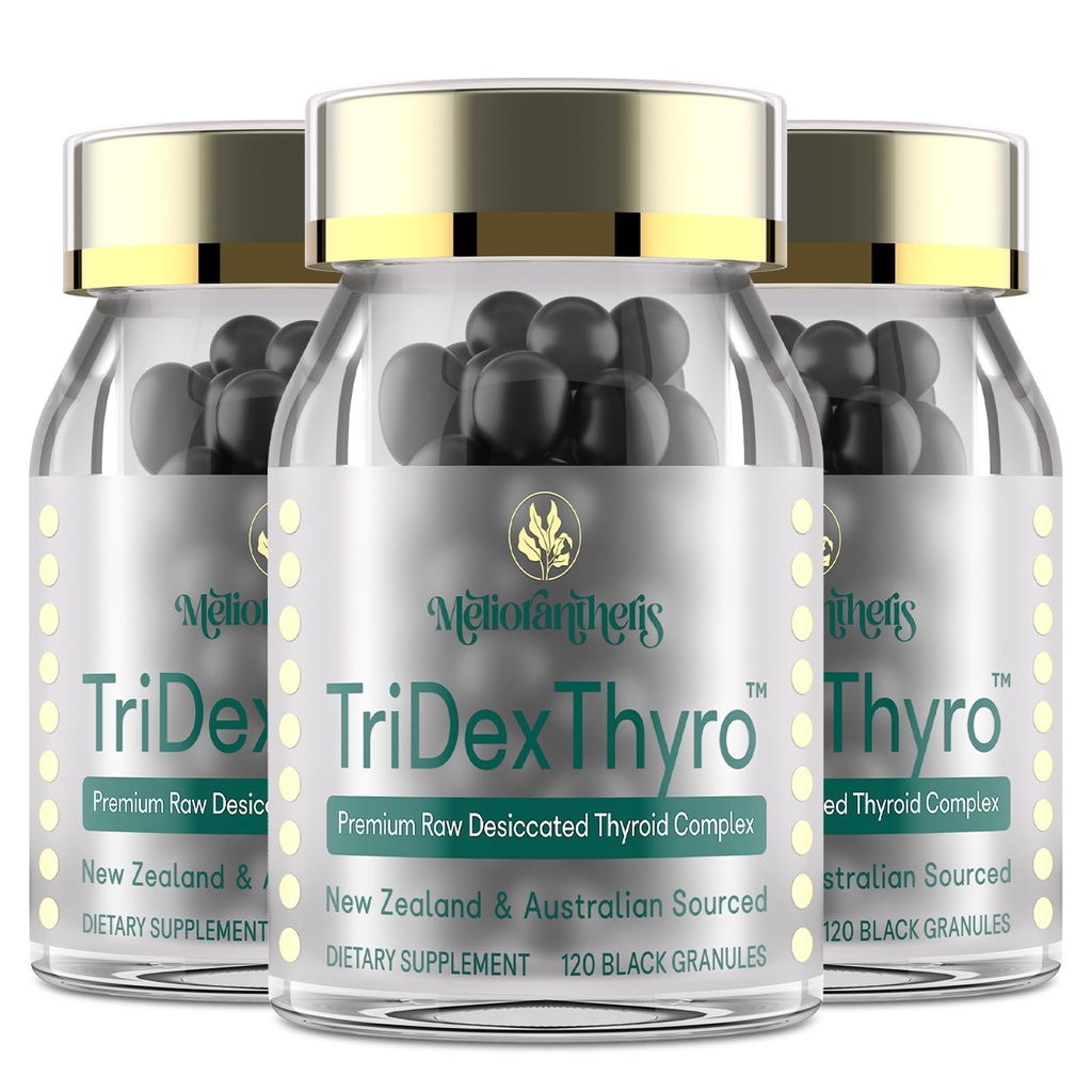 Thyroid Supplement – TriDexThyro™ Raw Desiccated Thyroid Complex 375 mg with Bovine, Porcine & Ovine –180 Capsules for Women and Men（3 Pack）