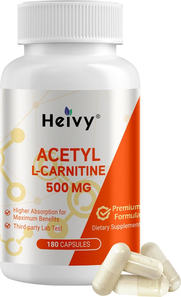 Heivy Pure Acetyl L-Carnitine 500mg | 180 Capsules, 180 Servings, Vegan, Non-GMO, Third-Party Tested, Made in USA GMP Facility, No Chemical Additives & Common Allergens