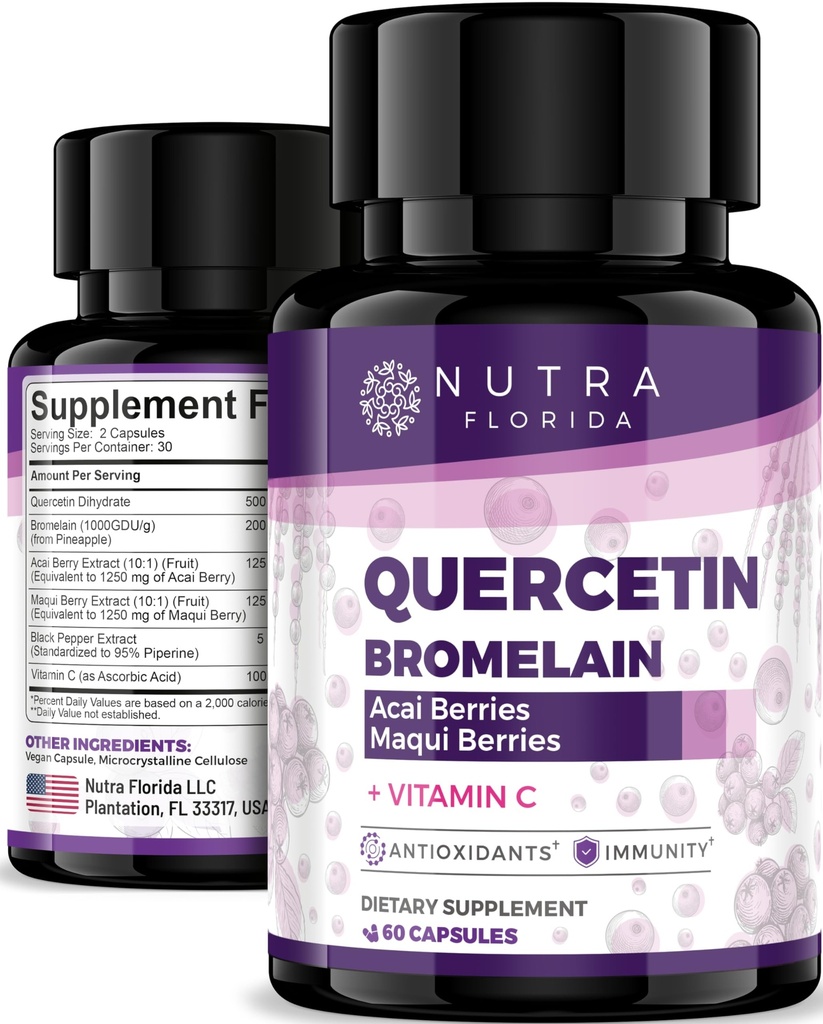 Quercetin 500mg with Bromelain Supplements | Powerful Antioxidant Complex with Acai Berry, Maqui Berry & Vitamin C | Natural Bioflavonoid for Immune Defense | Vegan, Gluten Free, Non-GMO | 60 Capsules