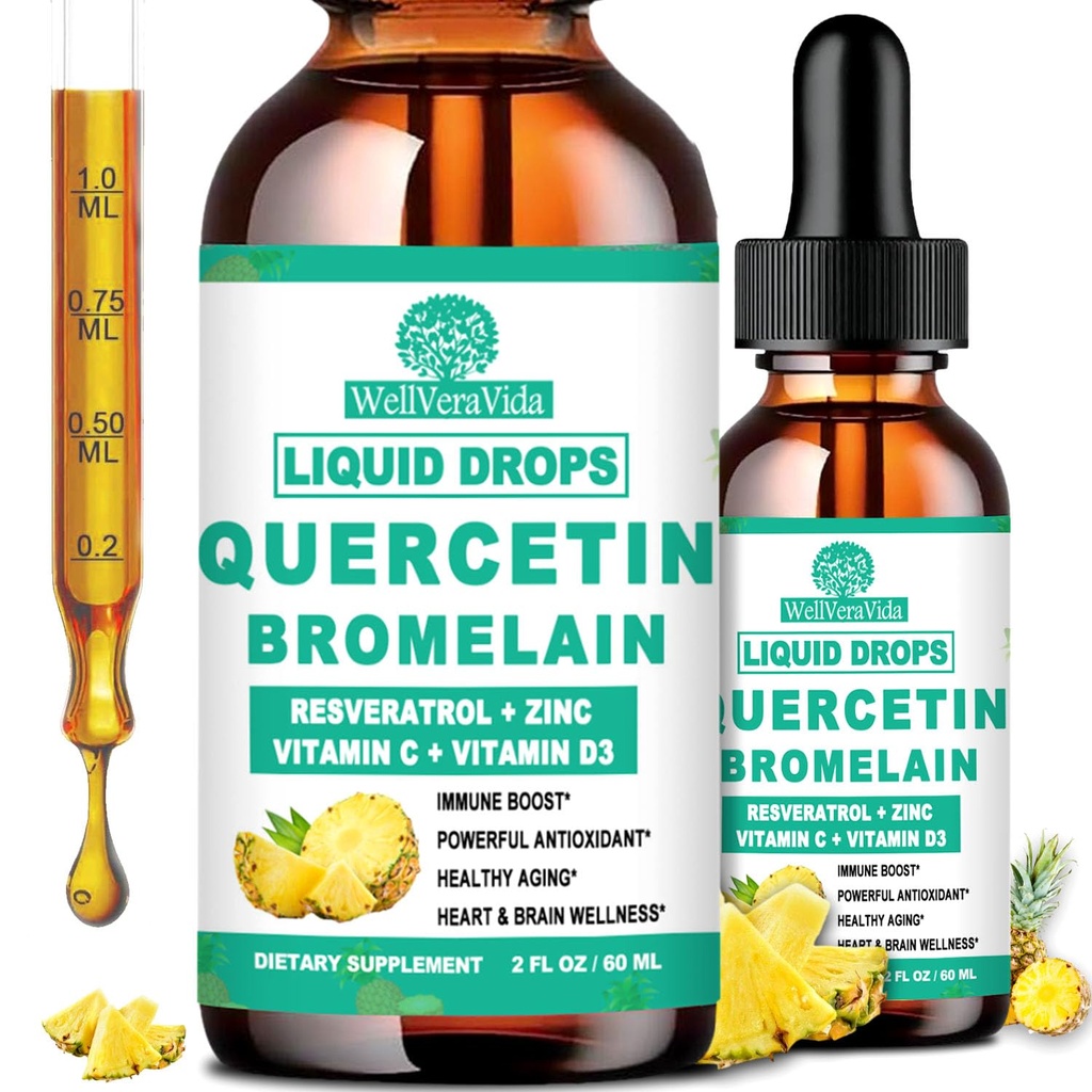 2 Pack Quercetin with Bromelain Liquid Drops, 4X Stronger Than Capsules & Pills, 7-in-1 Organic Zinc Quercetin 1000mg with Bromelain 500mg Vitamin C D3 for Immune Respiratory Health & Antioxidant
