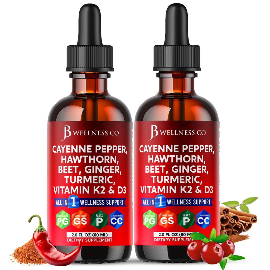 Cayenne Pepper Supplement Liquid Drops + Hawthorn Berry, Vitamin D3 K2 Beet Root Powder, Ceylon Cinnamon, Turmeric Curcumin, Organic Panax Ginseng - 4oz