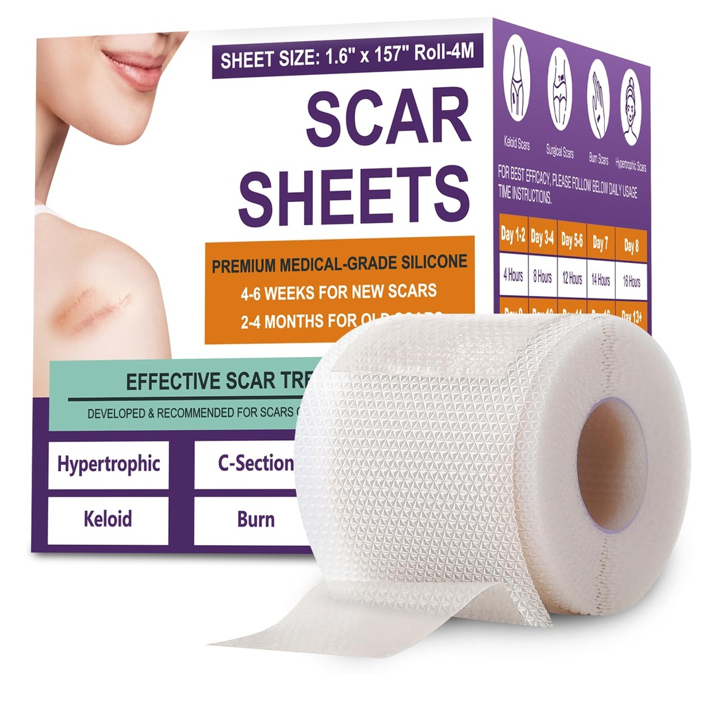 Silicone Scar Sheets, Medical Grade Silicone Scar Tape for Surgical, Hypertrophic, Keloid, C-Section, Burn, Old & New Scars, Reusable Professional Scars Removal Sheets (1.6"X 157" Roll-4M)