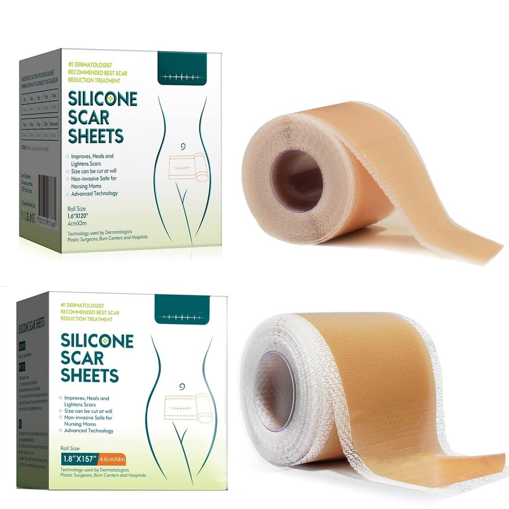 Silicone Scar Tape(1.6” x 120” -3M)+Sheets, Scar Tape(1.8” x 157”Inch- 4M)
