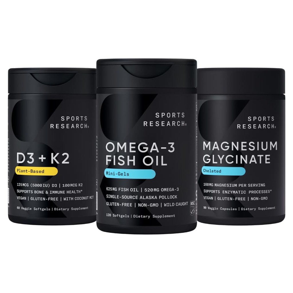 Sports Research® Multivitamin Pack - Alaskan Omega-3 Fish Oil 1250mg, Vitamin D3 5000iu + K2 100mcg, and Chelated Magnesium Glycinate 160mg