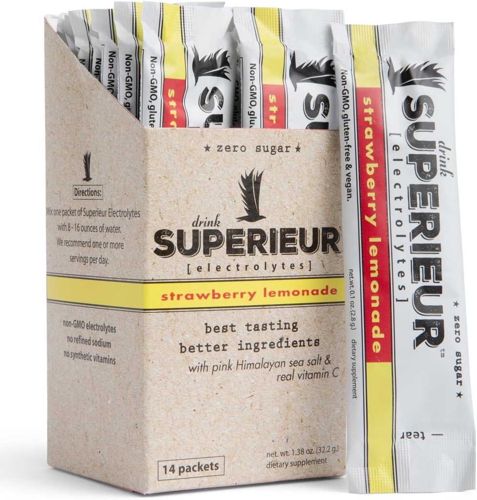 Superieur Electrolyte Powder Packets- Vegan Electrolyte Hydration Powder w/Sea Minerals- Keto Friendly, Non-GMO, Zero Sugar Electrolit Supliment-Sănătos Sports Drink-Strawberry Lemonade (14 Pachete)
