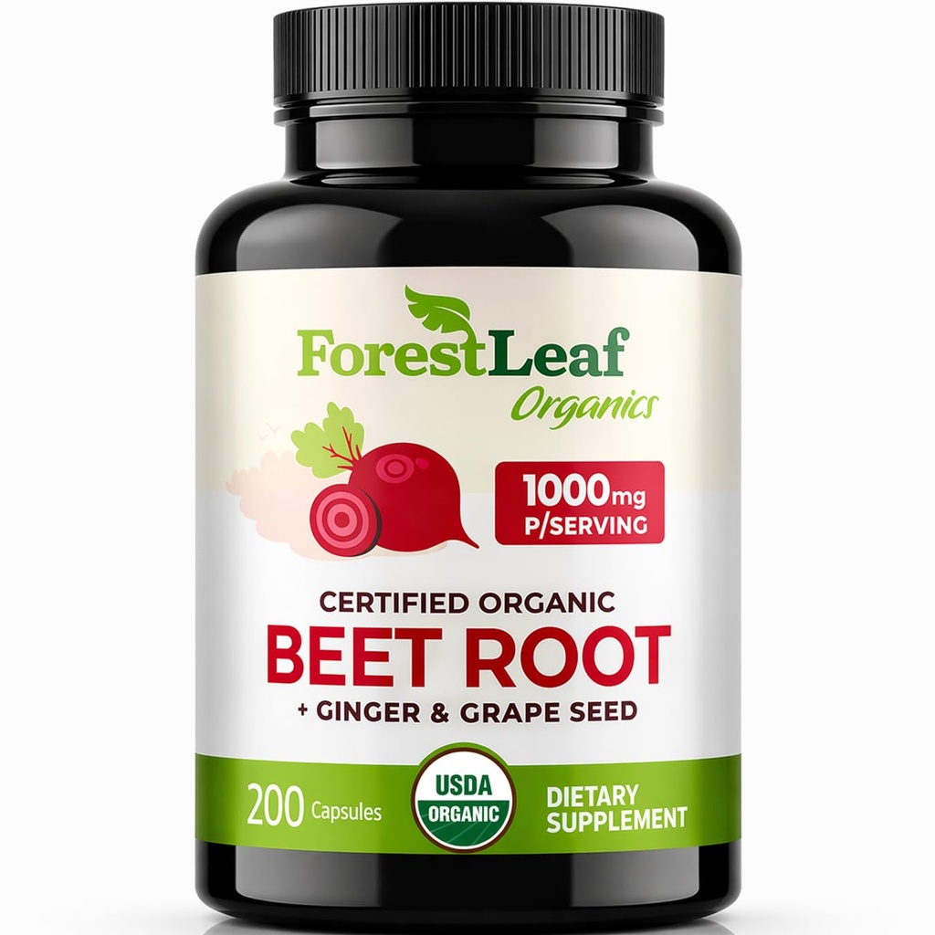 ForestLeaf USDA Organic Beet Root Capsules - Beetroot Supplement 1000mg 20:1 Extract w/Ginger Grape Seed - Support Blood Pressure, Nitric Oxide, Flow, Circulation - Made in USA (200 Count)