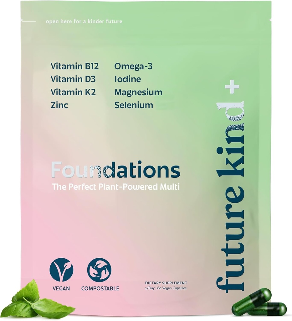 Future Kind Carrageenan-Free Foundations Multivitamin для жінок та чоловіків з Омега-3, B12, D3, цинк, йод, магній, K2 та Selenium, Vegan, Сумка сумісна (60ct)