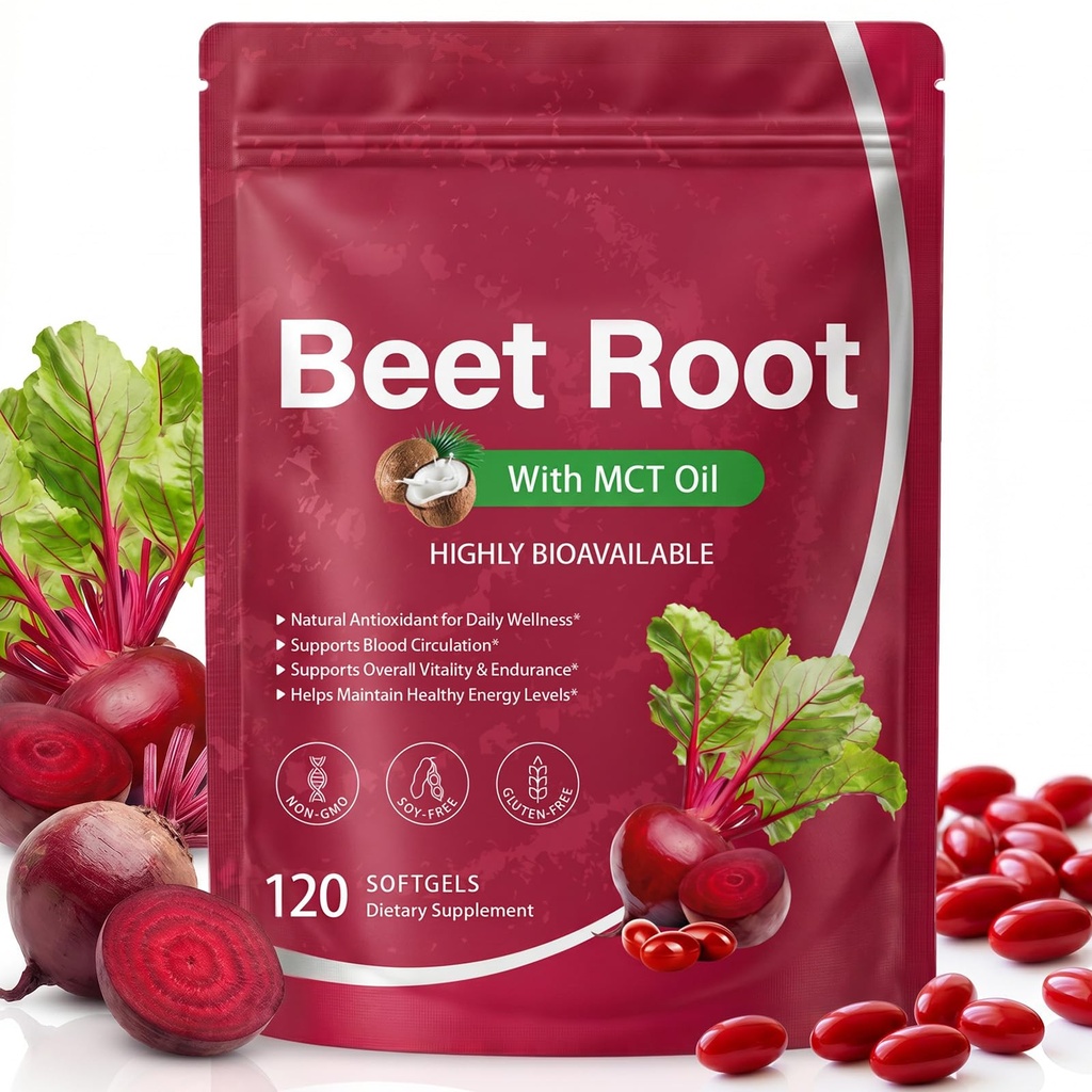 Beet Root Capsules, 20:1 Extract, Highly-Concentrated Beet Root Extract for Nitric Oxide Booster, Circulation & Vitality, Energy Level Support, With MCT Oil for Better Absorption| 120 Pcs