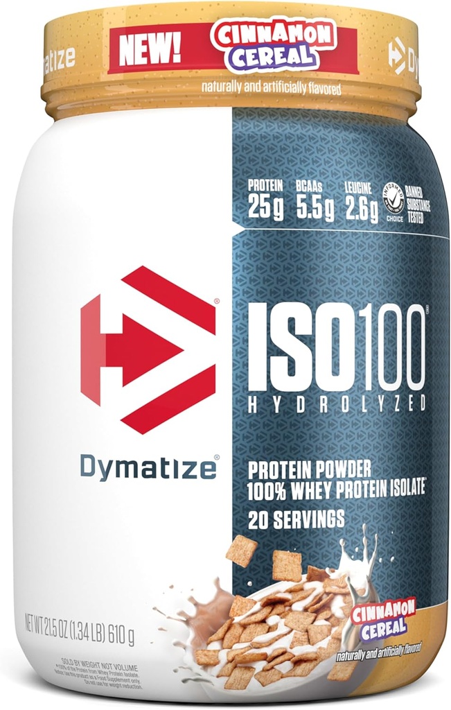 Dymatize ISO100 Whey Proteine pulbere Izolat, Scorțișoară Cereal, 25g de proteine, 5,5g BCAAs, mai puțin de 120 Cal., Gluten gratuit, 1g Fat, 1g zahăr, 2g carbohidrat (20 Serviri)