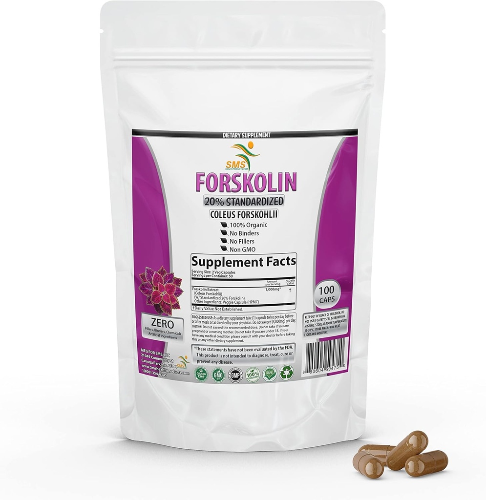 Pure Forskolin לחלץ תוסף עם Potent Coleus Forskohlii 20% סטנדרטי 1,000 מ"ג עבור אנרגיה מוגברת - תוספי אנרגיה מבוססת צמחים עבור נשים וגברים - 100 כמוסות Veggie