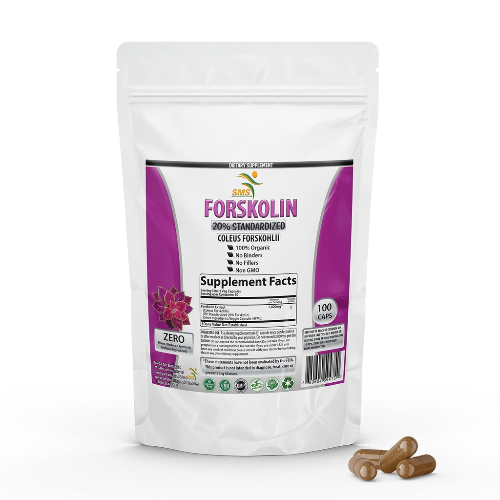 Pure Forskolin Extract Supplement with Potent Coleus Forskohlii 20% Standardized 1,000 mg for Enhanced Energy - Plant-Based Energy Supplements for Women and Men - 100 Veggie Capsules