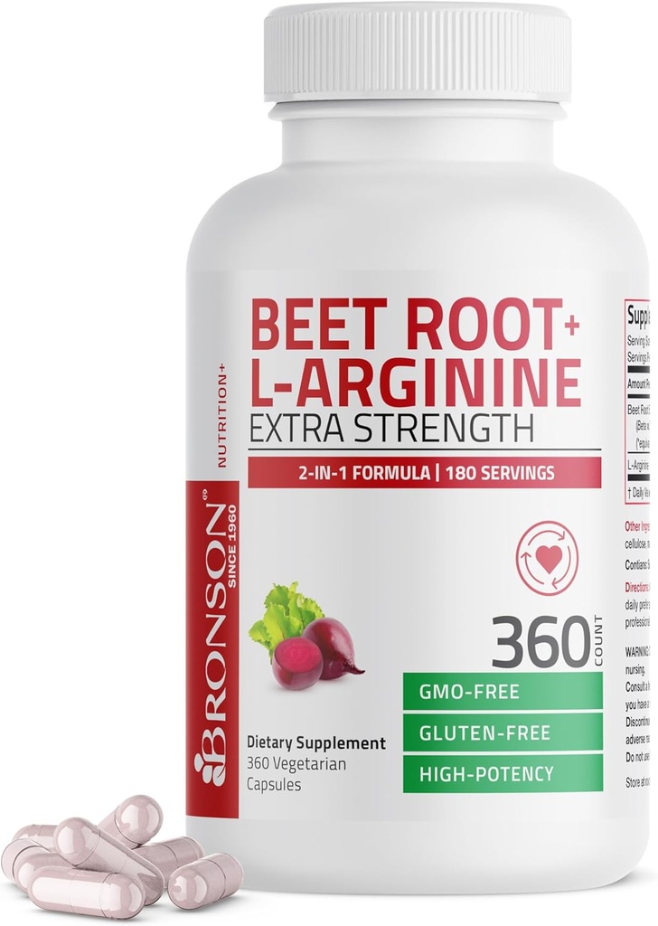 Bronson Beet root + L-Arginine Nitric Producció Oxide - No-GMO, 360 Vegetarian Capsules