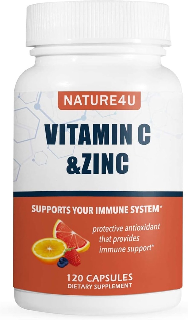 Vitamine C 1000mg avec Zinc, Rose HIPS et Citrus Bioflavonoïdes, Imune Support Supplément Antioxydants Protection, 120 Capsules
