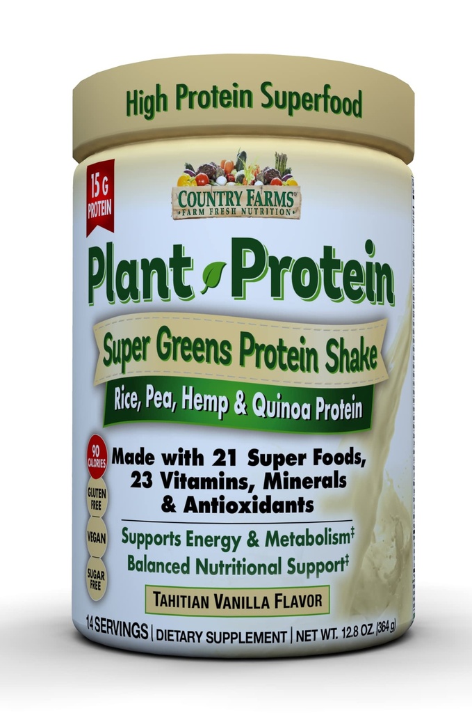Country Farms Super Greens Plant Protein Supplement, Made with 21 Super Foods, 23 Vitamins, Minerals & Antioxidants, Supports Energy & Metabolism, Vanilla Flavor, 14 Servings