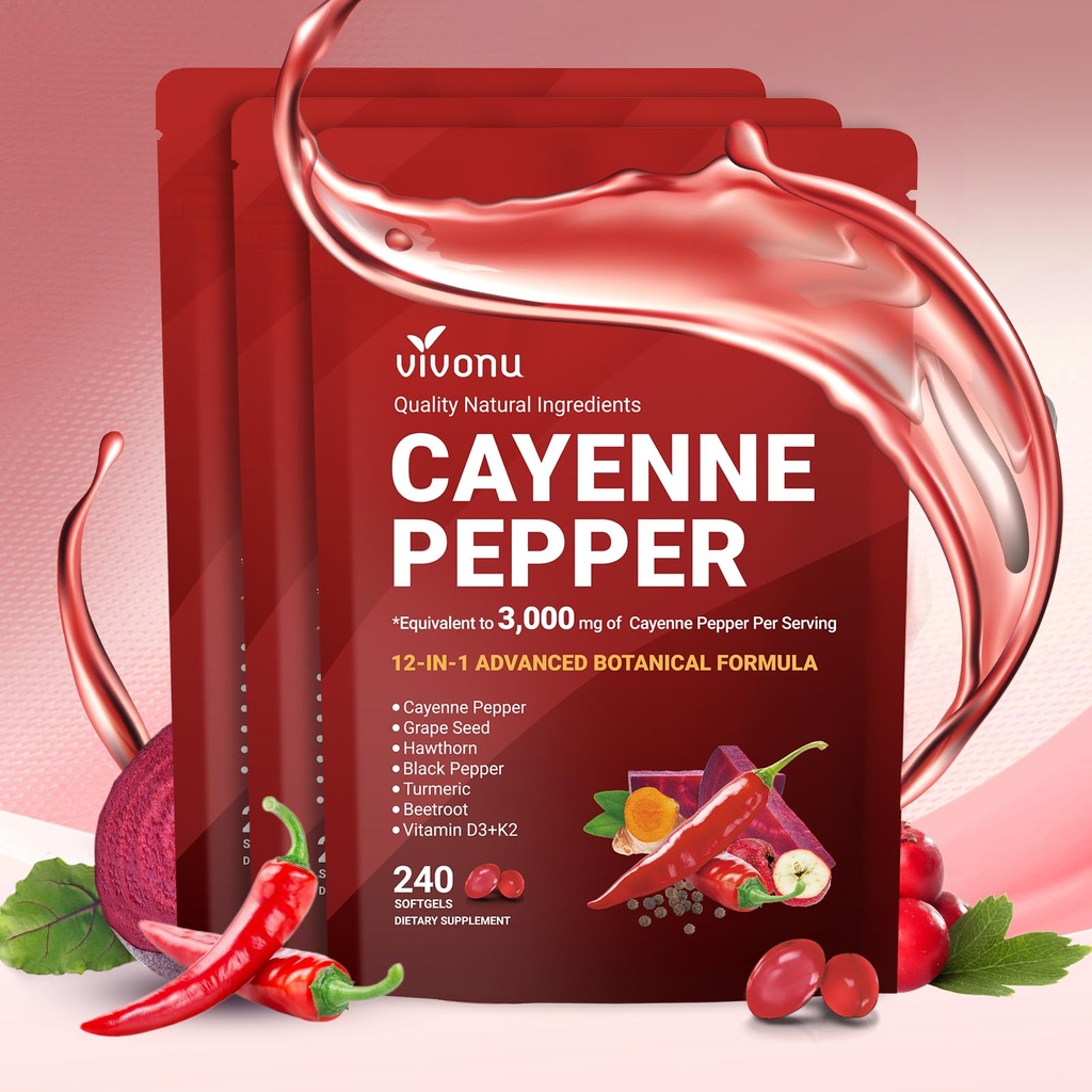 VivoNu Cayenne Pepper Softgels Supplement, Supports Leg Vein, Heart and Blood Vessel Health, with Vitamin E D3+K2 and Extracts of Grape Seed, Hawthorn, Beetroot, Berberine (Softgel / 3 Bag)