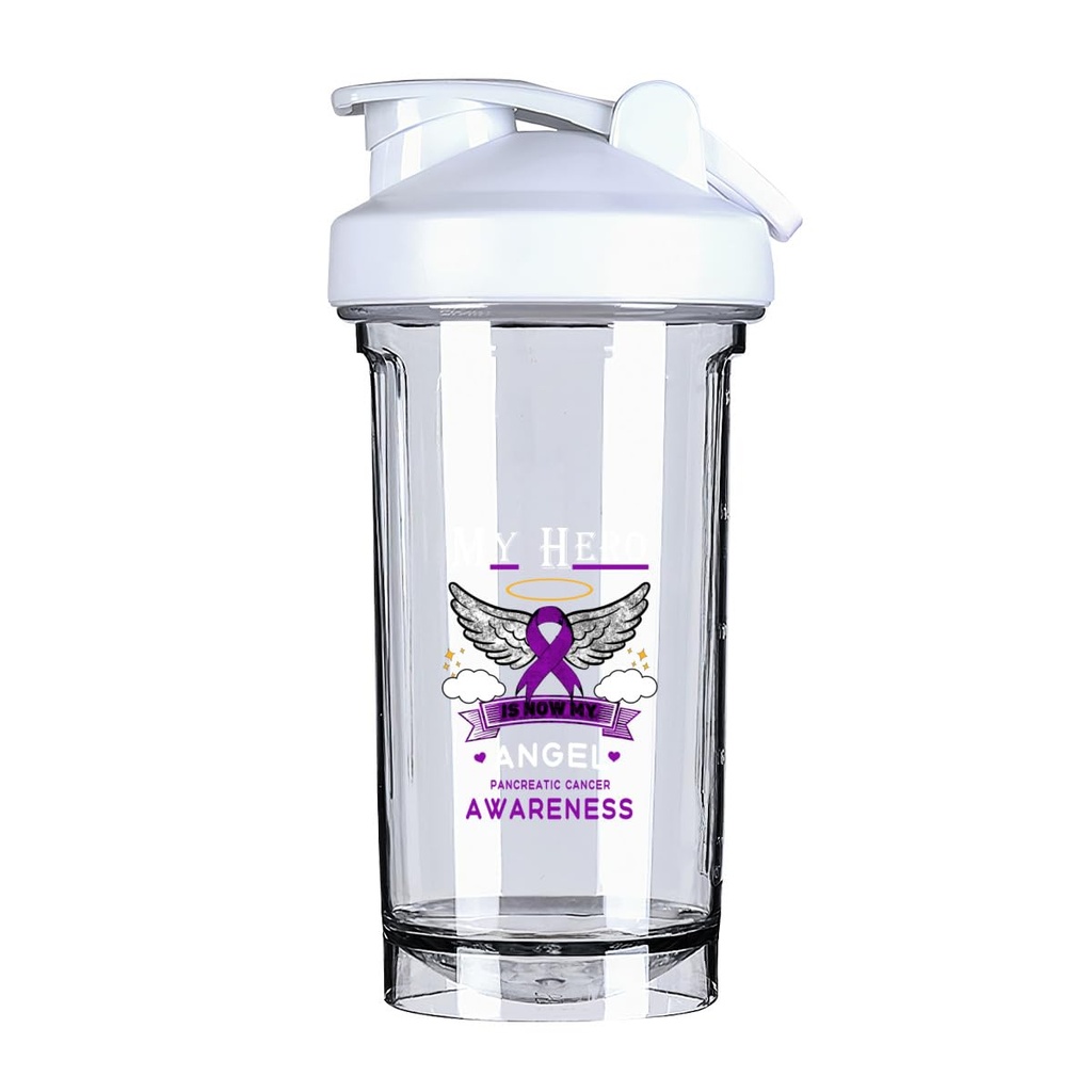 My Hero Is Now My Angel Pancreatic Cancer 18 Ounce Shaker Bottle Drink Mixer Leak-proof Pre Workout Protein Shakes Meal Replacement Shakes Bottles 500ML/18 Oz White