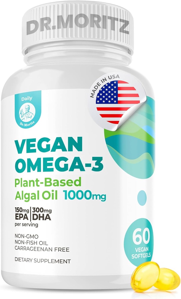 Tiến sĩ MOATZ Vegan Omega-3 Softgels cho người lớn và trẻ em, làm từ Dầu Algae với DHA EPA, Small Algae Omega 3 Phụ, Vegan, 60 Count