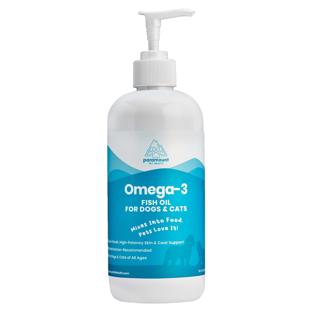 Wild-Caught Omega 3 Fish Oil for Dogs & Cats, Liquid EPA DHA Supplement for Skin, Coat, Joints & Heart, Low-Odor Omega 3 Drops for Small Dog Breeds & Cats with Itchy Skin, 16 oz