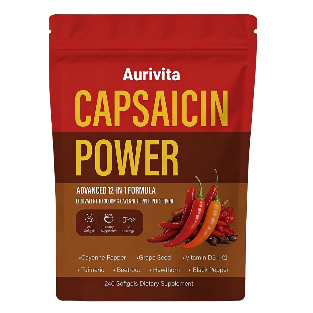 Capsaicin Softgels, Capsaicin Supplements, Cayenne Pepper Softgels Capsules, Capsaicins Powder with Vitamin D3 + K2, Beetroot, Grape Seed and Other Extracts, 240 Capsules (1 pcs)