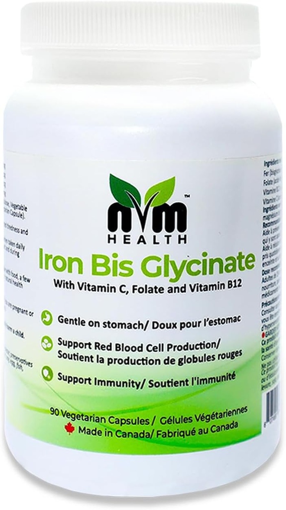 Suplemento gentil de hierro para adultos I toron bisglycinate with Vitamin C, B12, Folic Acid I Supports Red Blood Cell Formation " boosts Immunity - 90 Vegeterian Capsules, Gluten Free