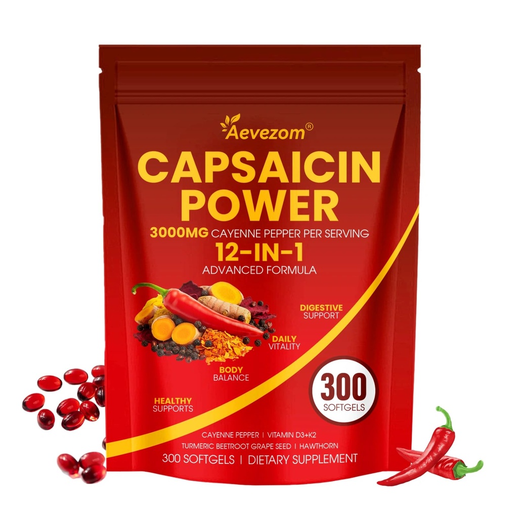 Capsaicin Power, 12-in-1 Cayenne Pepper Softgels Supplement,with Vitamin D3+K2, Cayenne Pepper,Turmeric,Grape Seed and Other Extract,300 Softgels (1)