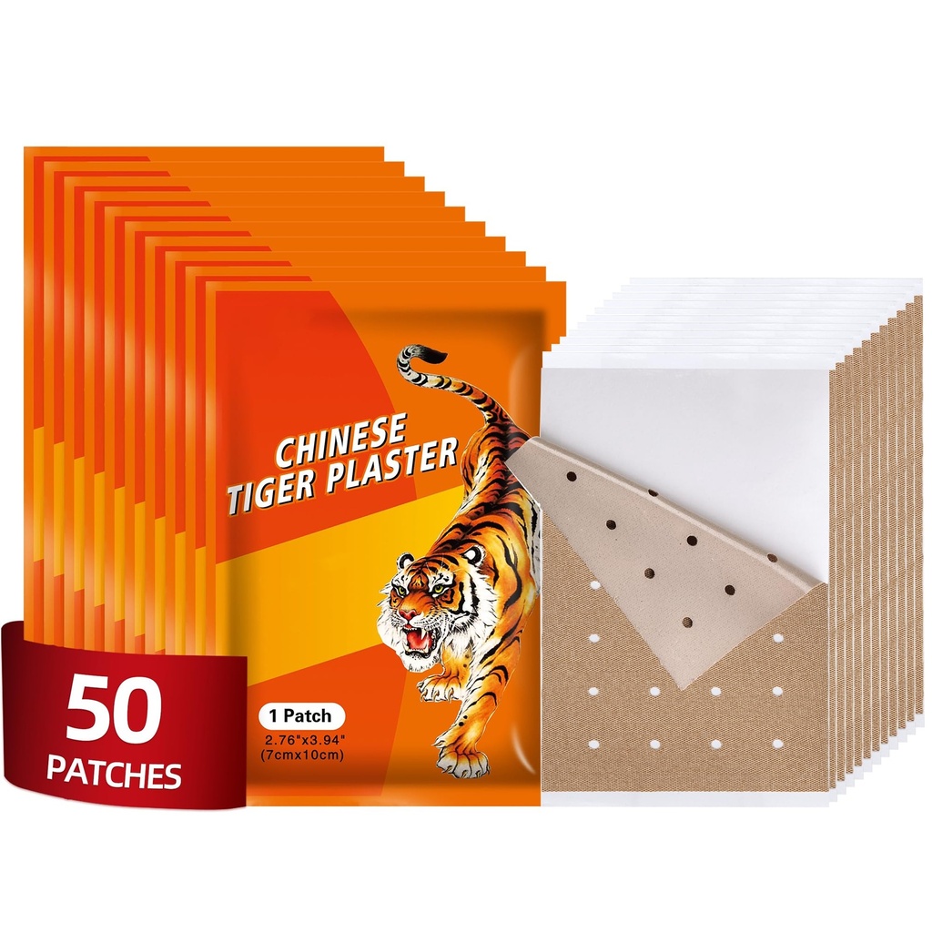 50pcs Tiger Pain Relieving Patches, Chinese Tiger Plaster, Ultra Strength Heat Capsaicin Patches for Knee, Back, Neck, Muscle, Shoulders Herbal Plaster