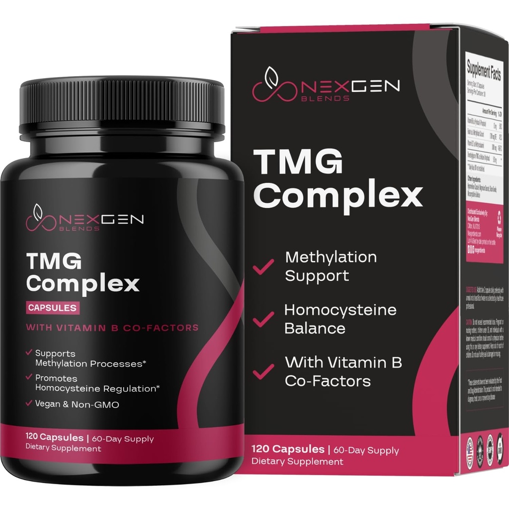TMG Trimethylglycine Supplement with Methyl B Complex - 500mg Betaine TMG Supplement with Methylated Vitamin B Co Factors for Homocysteine Heart & Liver Support - Vegan & Non-GMO (2 Month Supply)