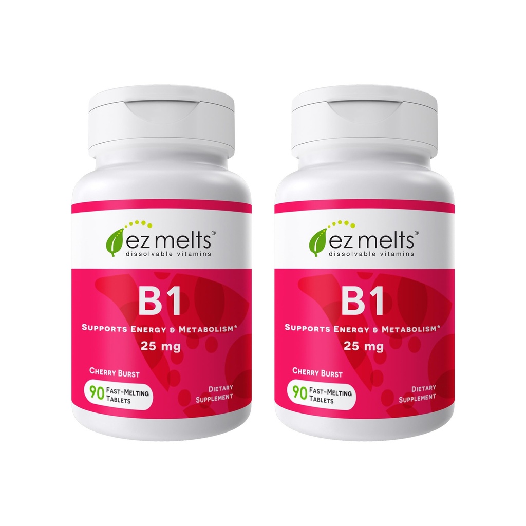 EZ Melts Dissolvable Vitamin B1 25 mg - Thiamin Supplement for Energy, Stress & Cellular Support - No Artificial Flavors - Non-GMO & Vegan - Cherry Burst - 180 Dissolvable Tablets (90 Servings)