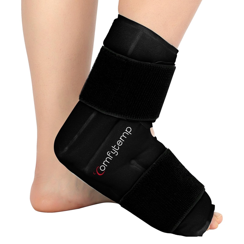 Comfytemp Ankle Foot Ice Pack Wrap for Plantar Fasciitis Relief, Ankles Brace for Sprain, Heel Spur, Swelling, Achilles Tendonitis, Cold Bag for Injuries Reusable, Hot Cold Compress, 1 Pack (Black)